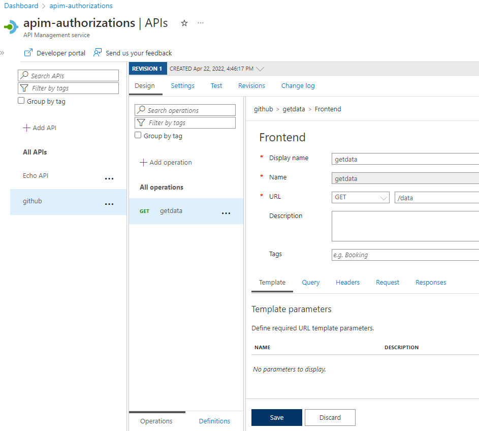 Screenshot of adding a getdata operation to the API in the portal.