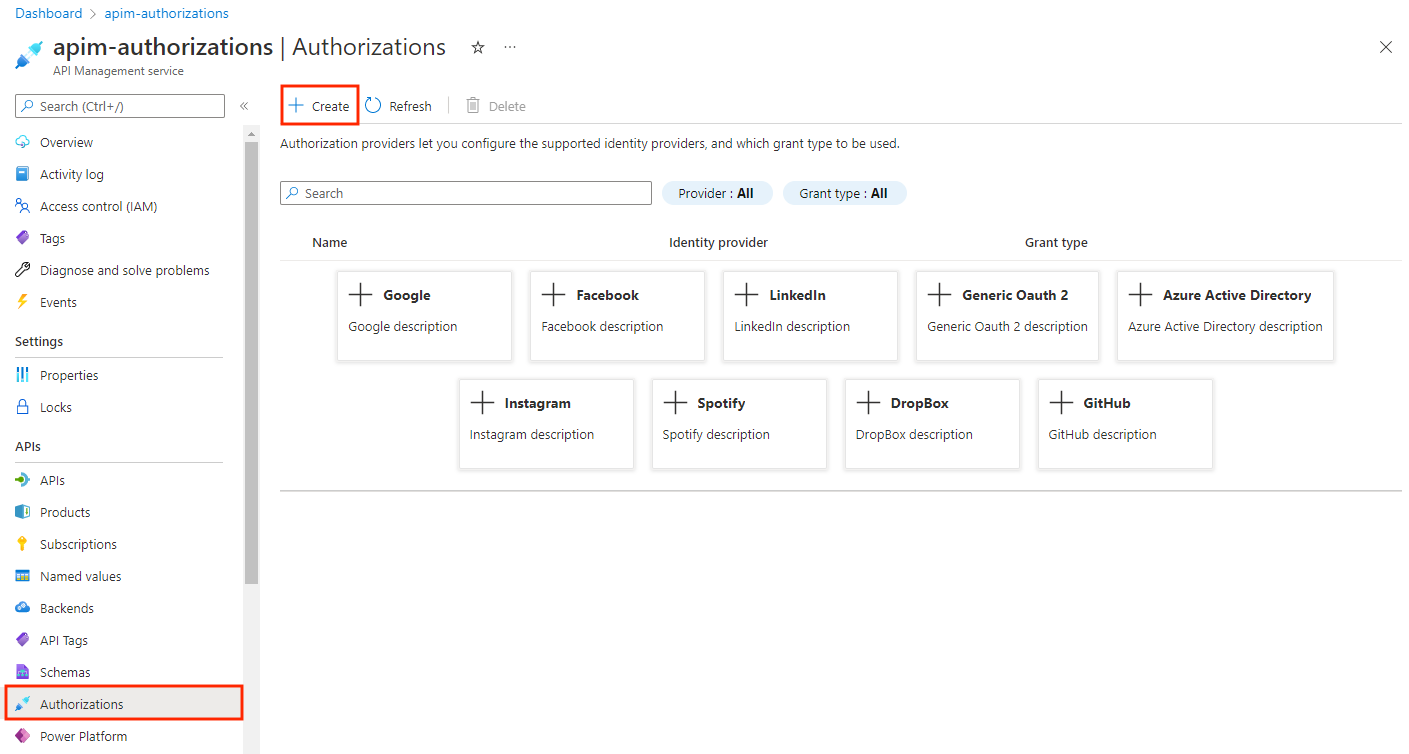 Screenshot of creating an API Management authorization in the Azure portal.