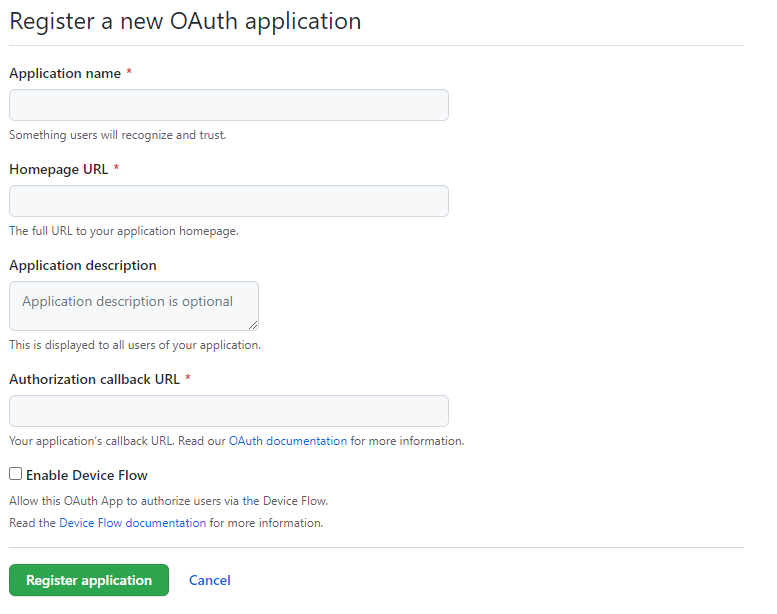 Screenshot of registering a new OAuth application in GitHub.