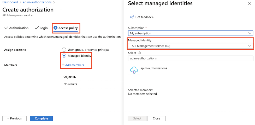Screenshot of selecting a managed identity to use the authorization.