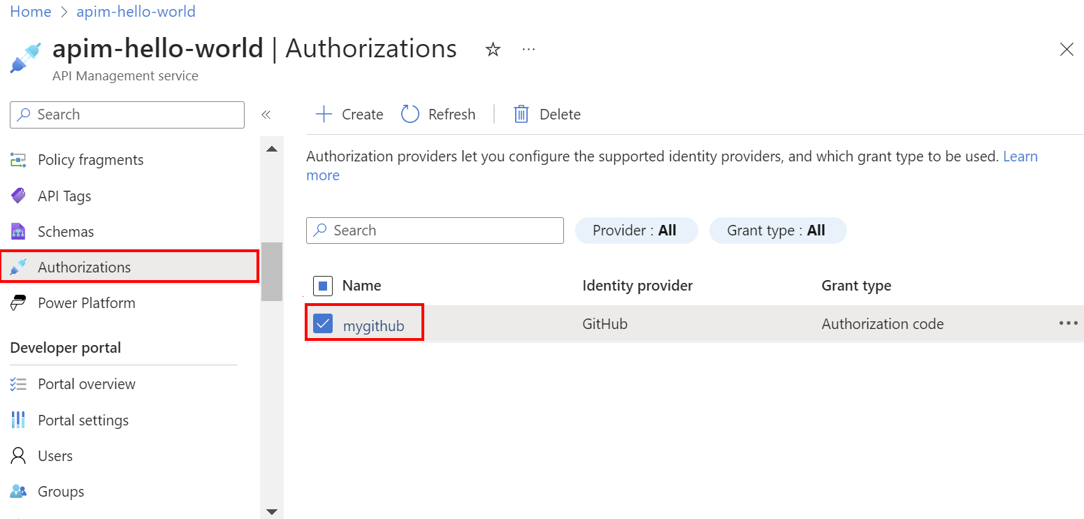 Screenshot of selecting an authorization provider in the portal.