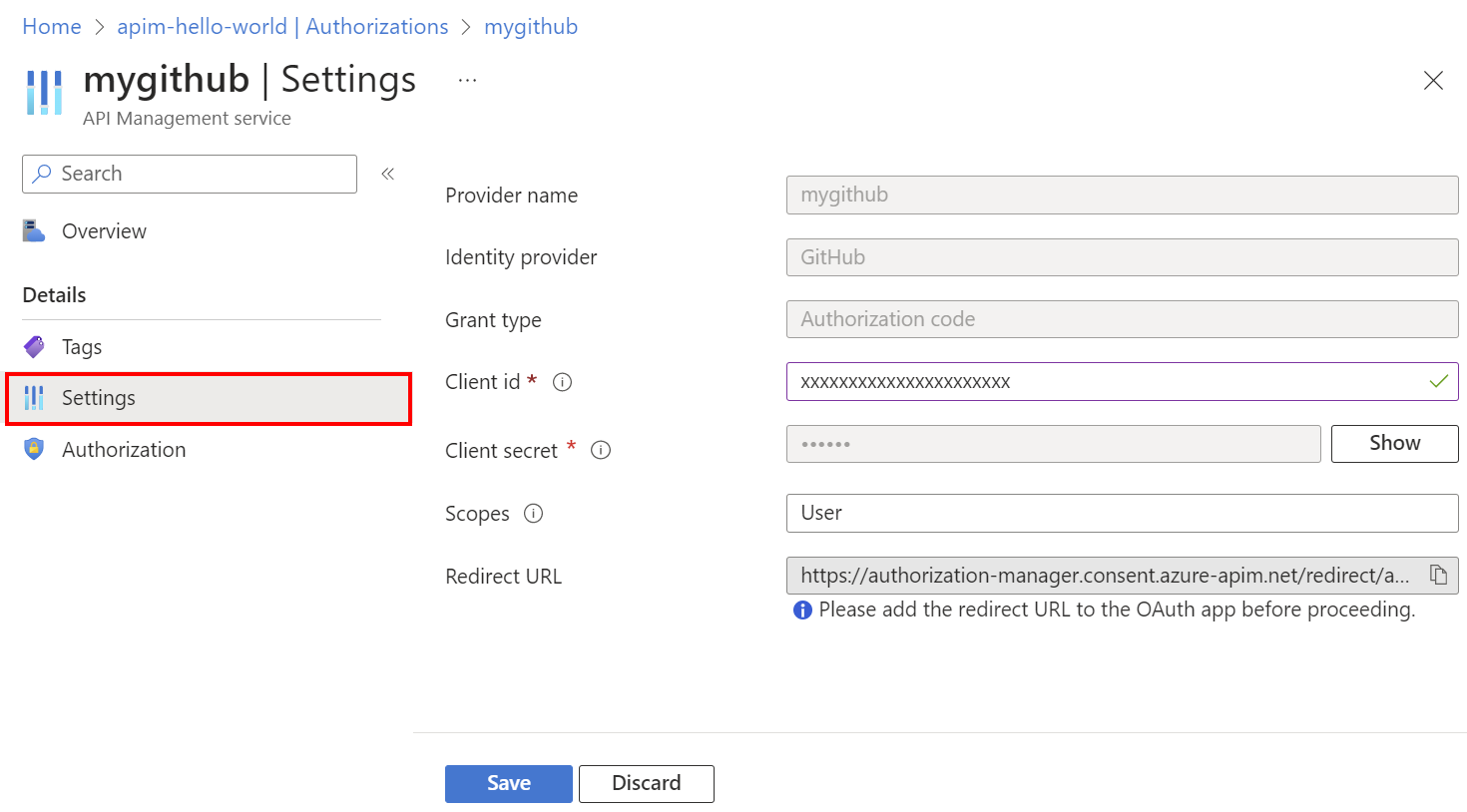 Screenshot of updating authorization provider settings in the portal.