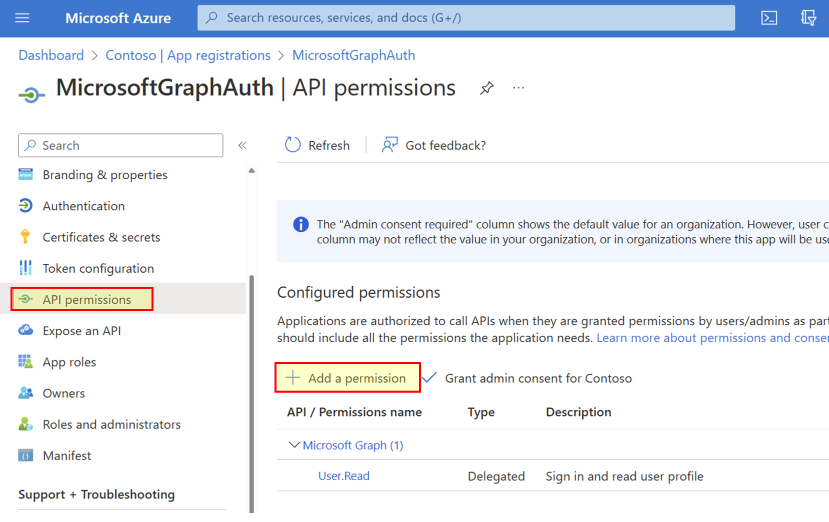 Screenshot of adding an API permission in the portal.