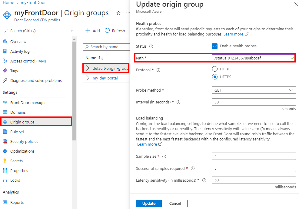 Screenshot of updating the default origin group in the portal.