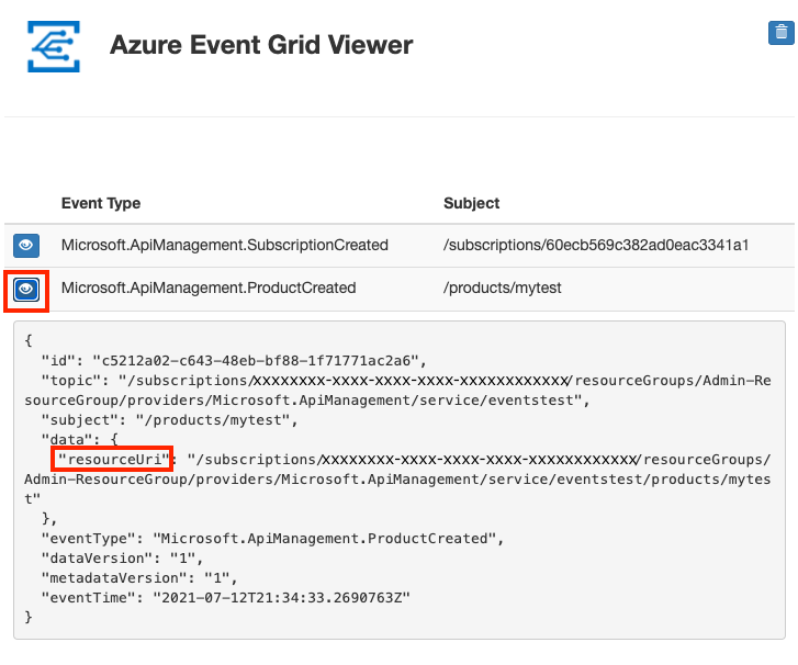 Product created event in Event Grid viewer