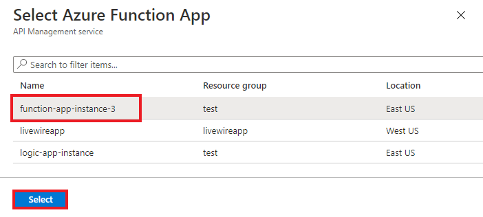 Screenshot that highlights the Function App you want to import Functions from and the Select button.