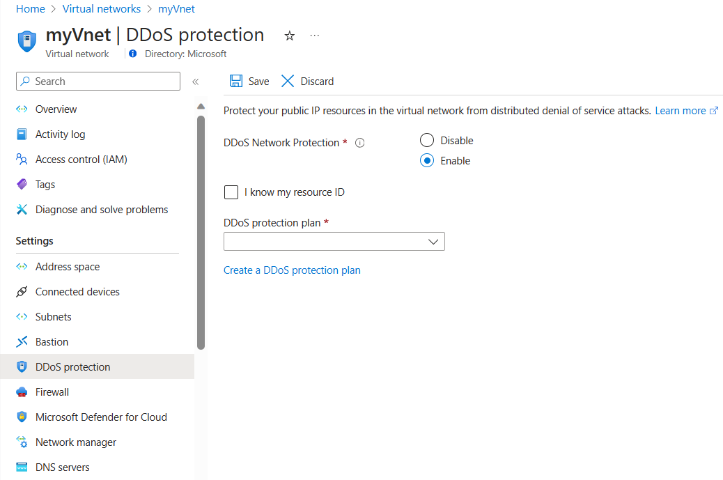 Screenshot of enabling a DDoS Protection plan on a VNet in the Azure portal.
