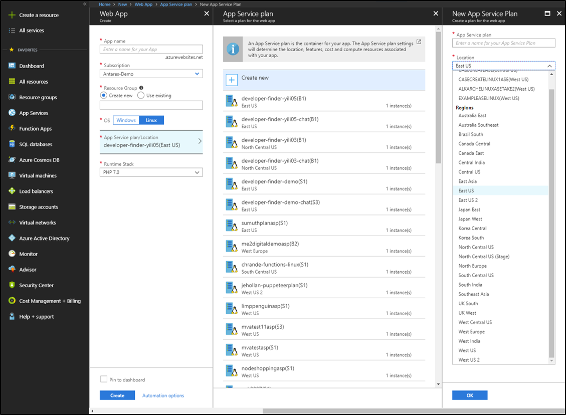 Screenshot of the Azure portal showing the Web App pane, the App service plan pane, and the New App Service Plan pane open.