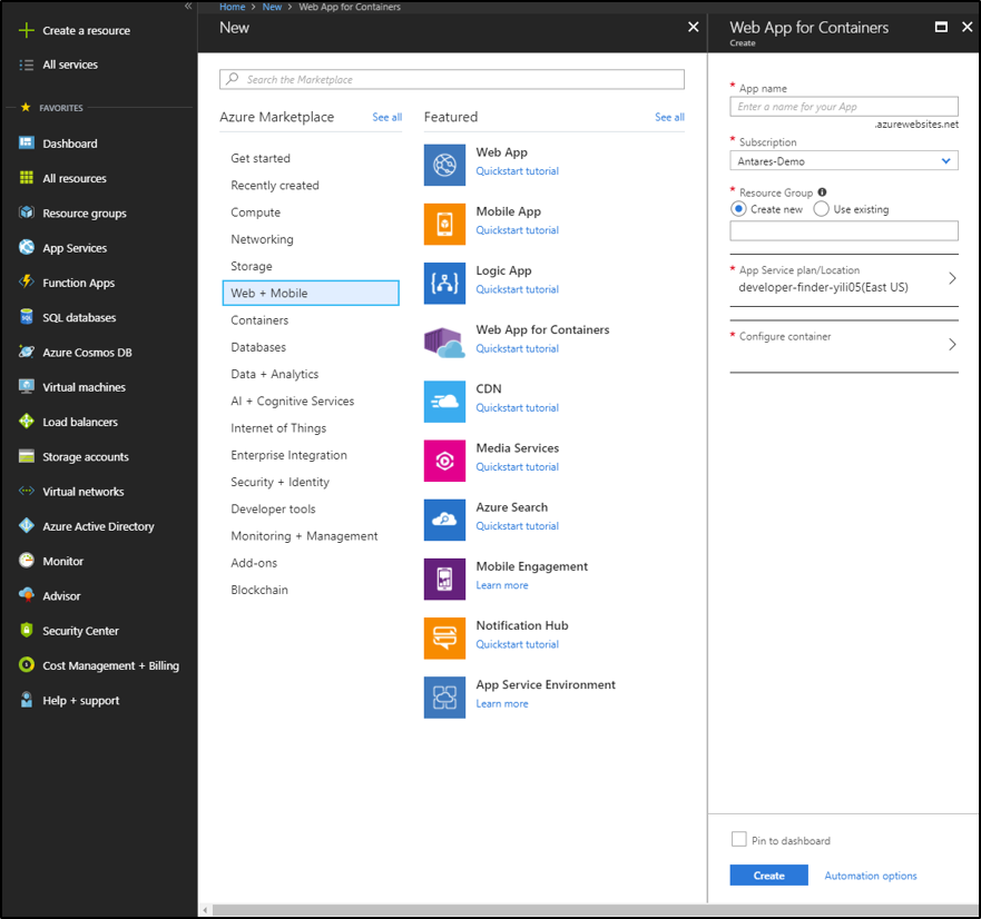 Screenshot of the Azure portal showing Web + Mobile selected in the Azure Marketplace and the Web App for Containers pane open on the right.