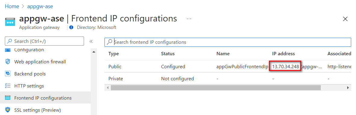 Application gateway frontend IP address can be found in Frontend IP configuration.