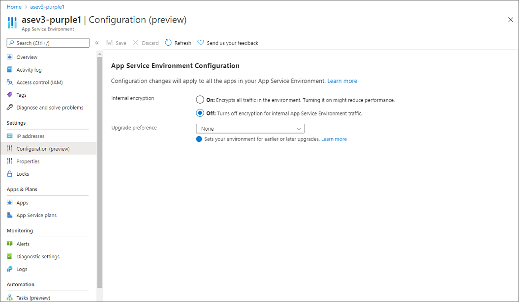 Screenshot that shows the App Service Environment configuration portal.