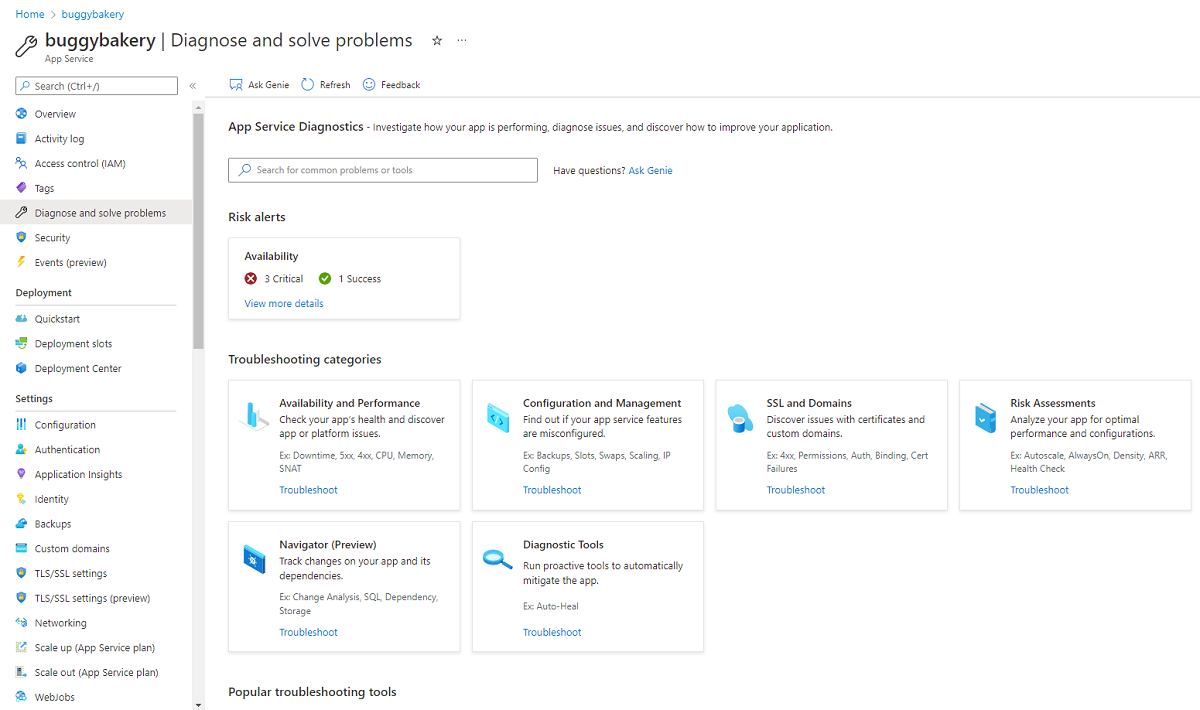 App Service Diagnose and solve problems homepage with diagnostic search box, Risk Alerts assessments, and Troubleshooting categories for discovering diagnostics for the selected Azure Resource.