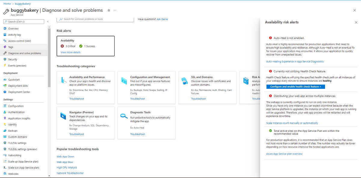 App Service Diagnose and solve problems Risk Alerts right hand panel, with actionable insights tailored for the current Azure Resource App, after clicking View more details hyperlink on the homepage.