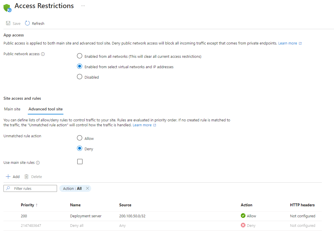 Screenshot of the 'Access Restrictions' page in the Azure portal, showing that no access restrictions are set for the SCM site or the app.
