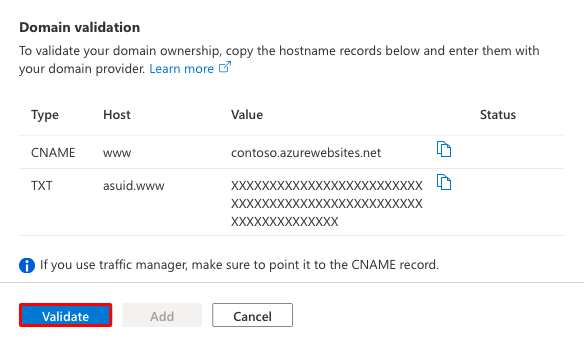 A screenshot showing how to validate your DNS record settings in the Add a custom domain dialog.