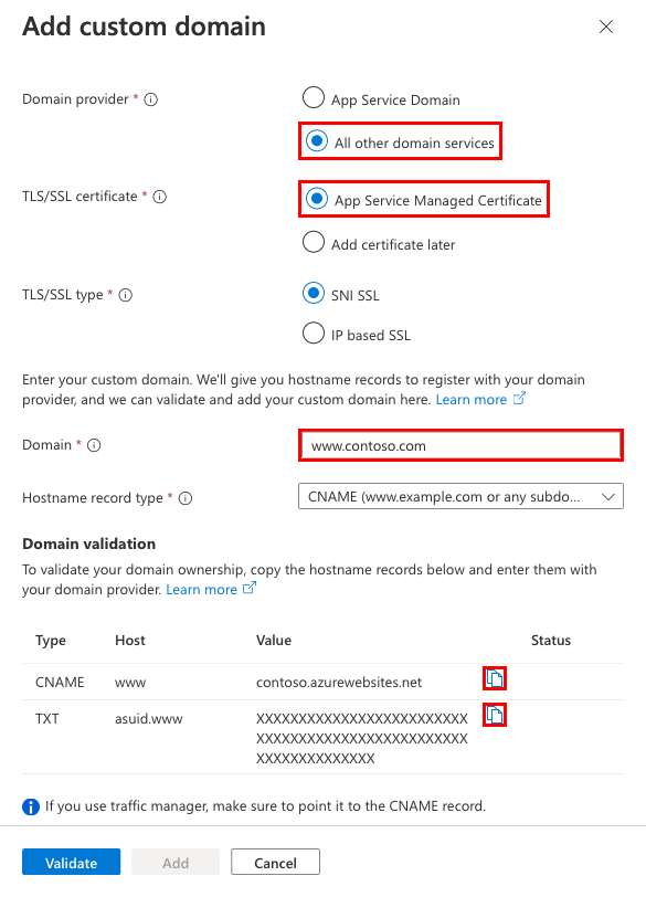 Map existing custom DNS name - Azure App Service