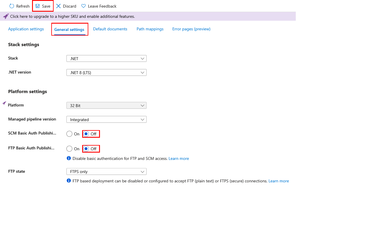 A screenshot showing how to disable basic authentication for Azure App Service in the Azure portal.