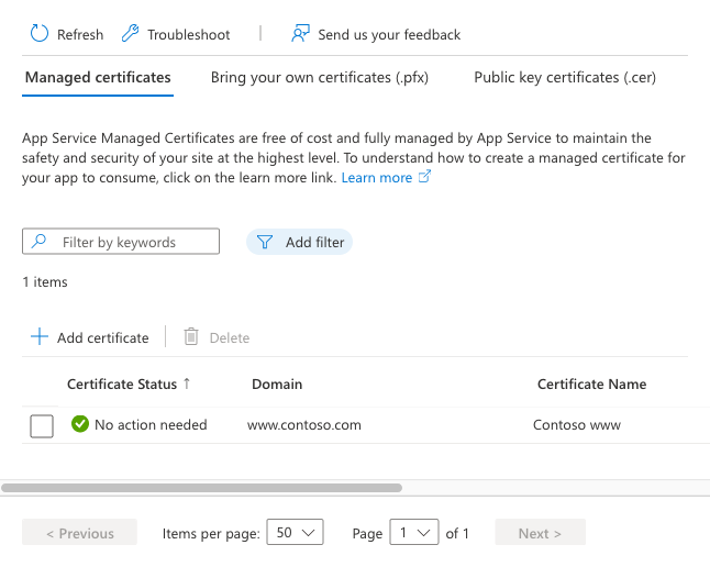Screenshot of 'Managed certificates' pane with newly created certificate listed.