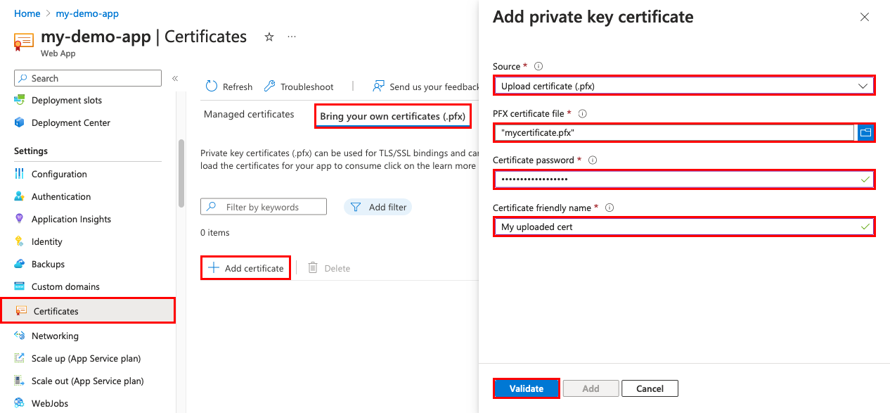 Screenshot of 'Certificates', 'Bring your own certificates (.pfx)', 'Upload Certificate' selected.
