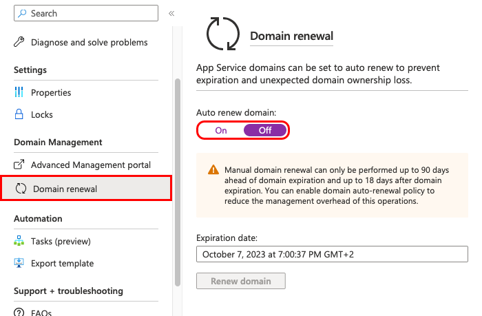Screenshot that shows the option to automatically renew your domain.