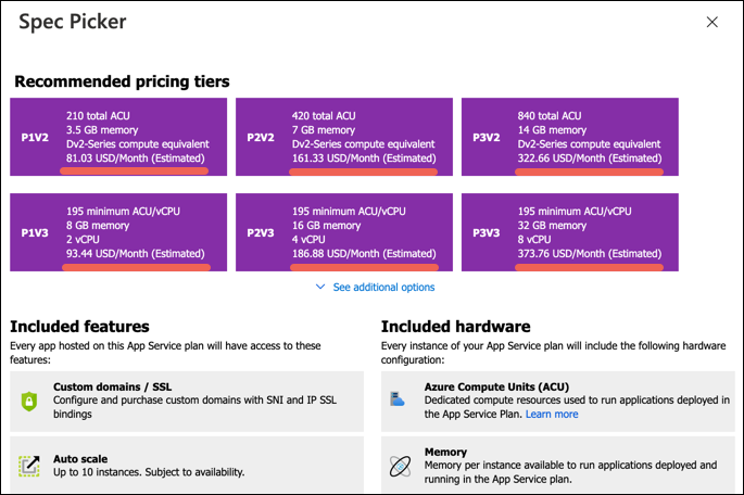 Review estimated cost for each pricing tier in the portal