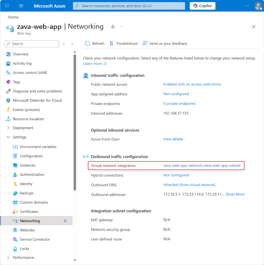 Screenshot that shows virtual network integration enabled for the app in the Azure portal.