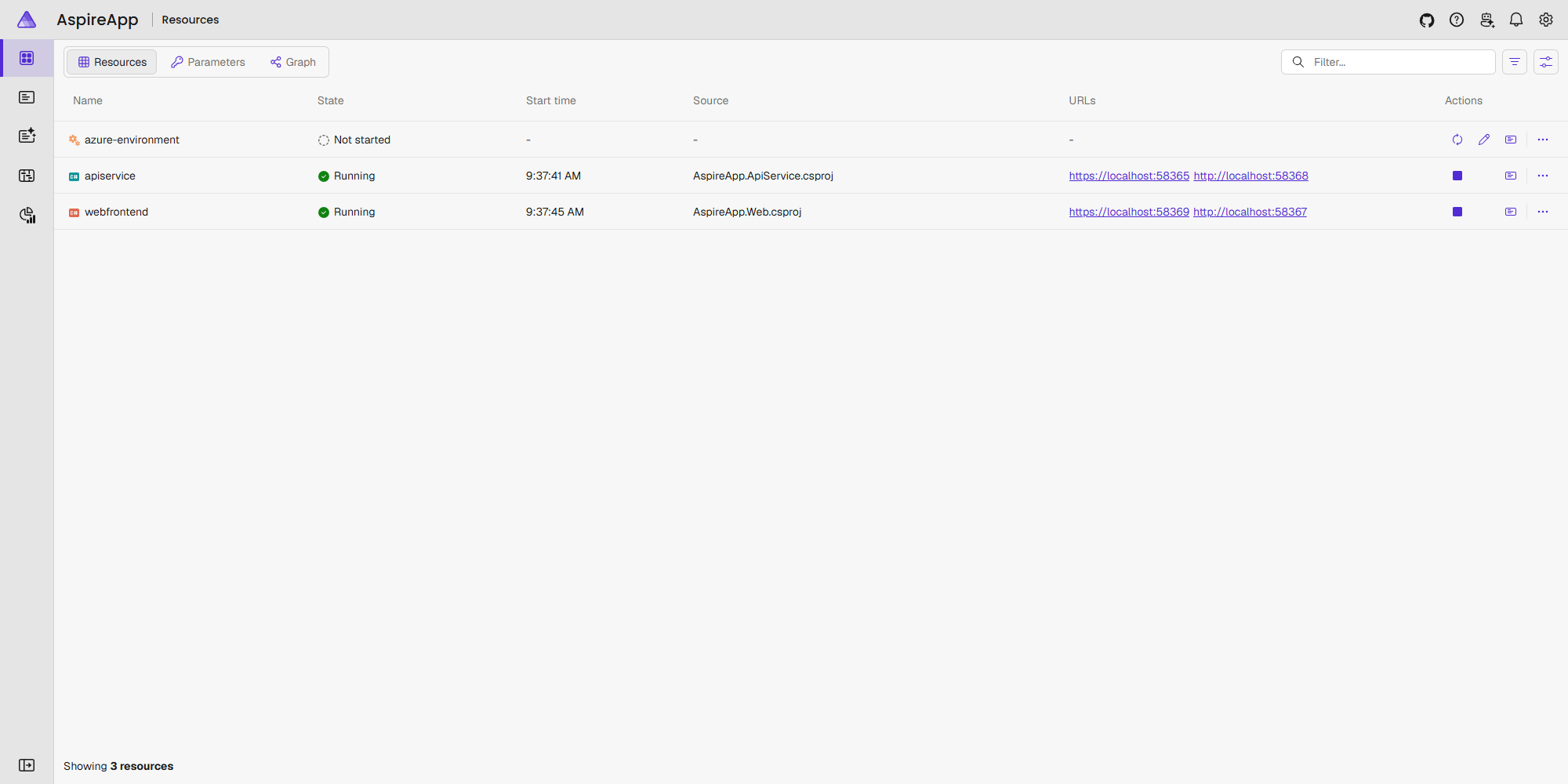 A screenshot of the current Aspire dashboard showing the App Service environment and sample app resources.