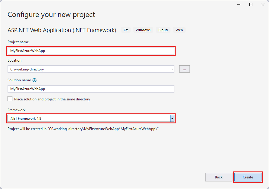 Screenshot of Visual Studio - Configure ASP.NET Framework 4.8 web app.