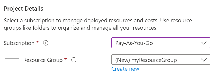 Screenshot of the Project details section showing where you select the Azure subscription and the resource group for the web app.