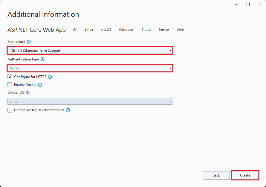 Screenshot of Visual Studio - Additional info when selecting .NET 7.0.