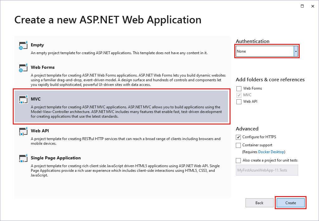 Screenshot of Visual Studio - Select the MVC template.