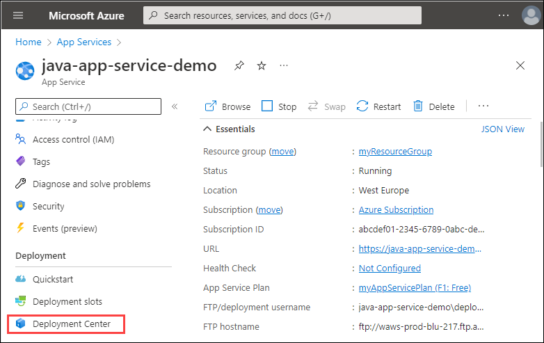 Screenshot of the App Service in the Azure Portal. The Deployment Center option in the Deployment section of the left navigation is highlighted.