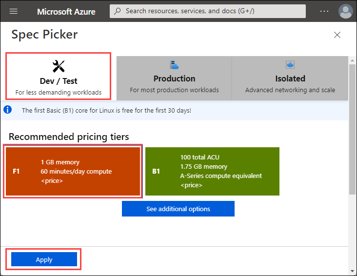 Screenshot of the Spec Picker for the App Service Plan pricing tiers in the Azure portal. Dev/Test, F1, and Apply are highlighted.