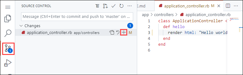 Screenshot of Visual Studio Code in the browser, highlighting the Source Control navigation in the sidebar, then highlighting the Stage Changes button in the Source Control panel.