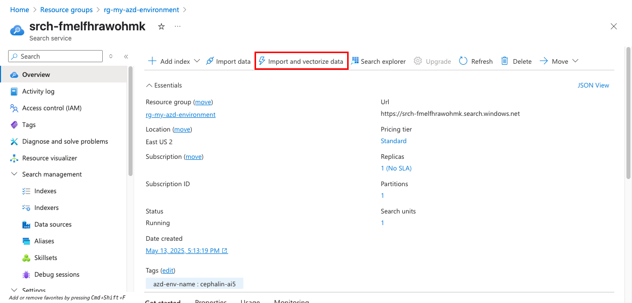 Screenshot showing the Import and vectorize data button in Azure AI Search.