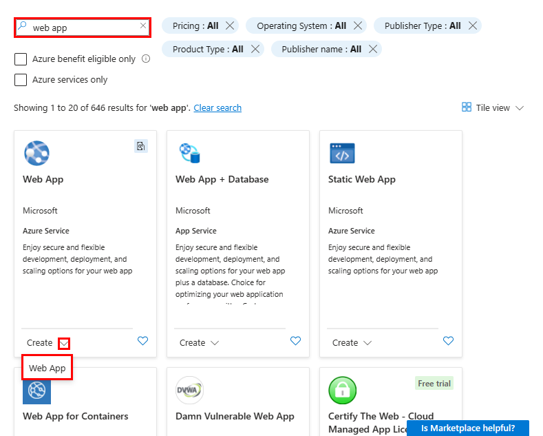 Screenshot showing the Azure Marketplace page with the web app being searched and create web app buttons being clicked.