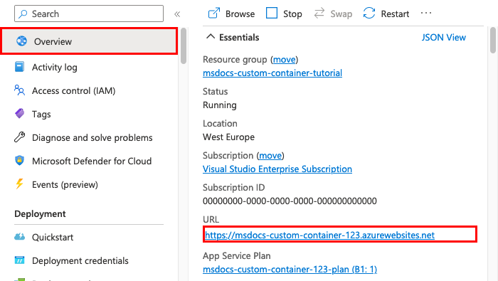 A screenshot showing how to browse to the web app from the Azure portal.