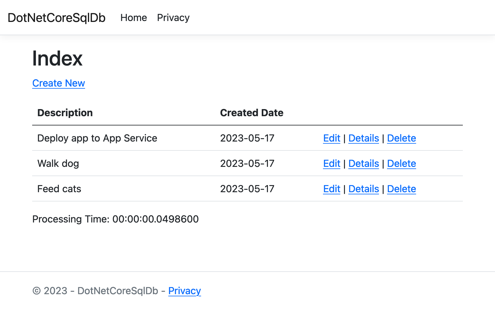 A screenshot of the .NET Core app running in App Service.
