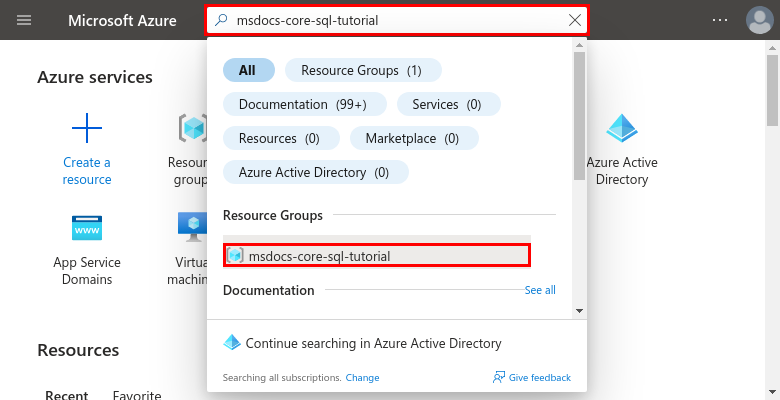 A screenshot showing how to search for and navigate to a resource group in the Azure portal.