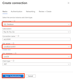 A screenshot showing how to create a connection to the SQL database for the app in the Azure portal.