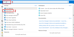 A screenshot showing how to use the search box in the top tool bar to find Azure SQL in Azure.
