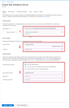 A screenshot showing the form to fill out to create a SQL Server in Azure.