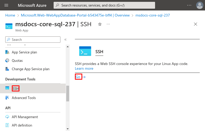 A screenshot showing how to open the SSH shell for your app from the Azure portal.