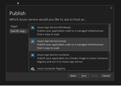 A screenshot showing how to select the deployment target in Azure.