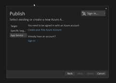A screenshot showing the sign-in to Azure dialog in Visual Studio.
