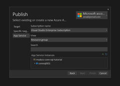 A screenshot showing the dialog to select the App Service instance to deploy to in Visual Studio.