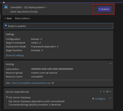 A screenshot showing the publishing profile summary dialog in Visual Studio and the location of the publish button used to publish the app.