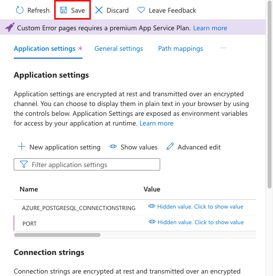 A screenshot showing how to save the PORT app setting in the Azure portal.