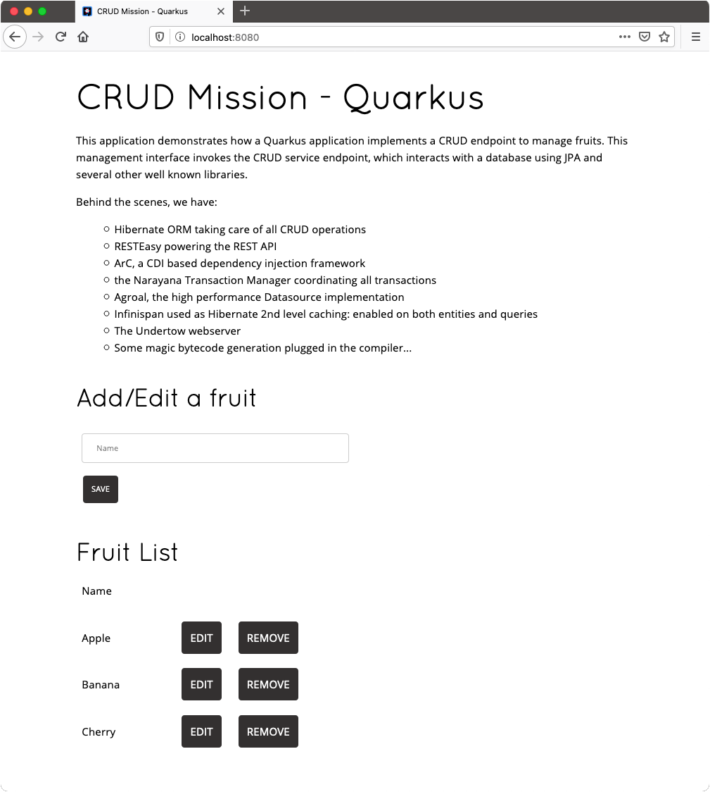 Screenshot of Quarkus application storing data in PostgreSQL.