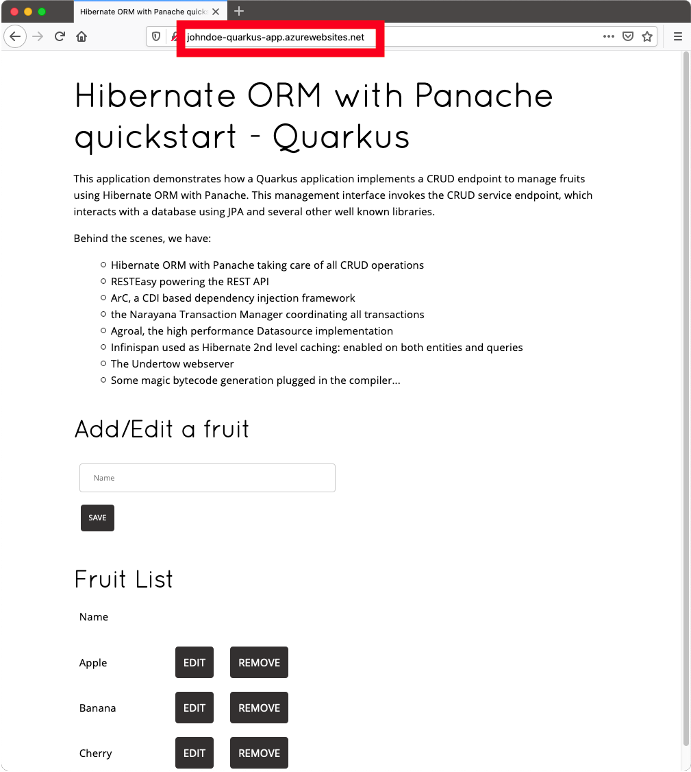 Screenshot of Quarkus application storing data in PostgreSQL running remotely.